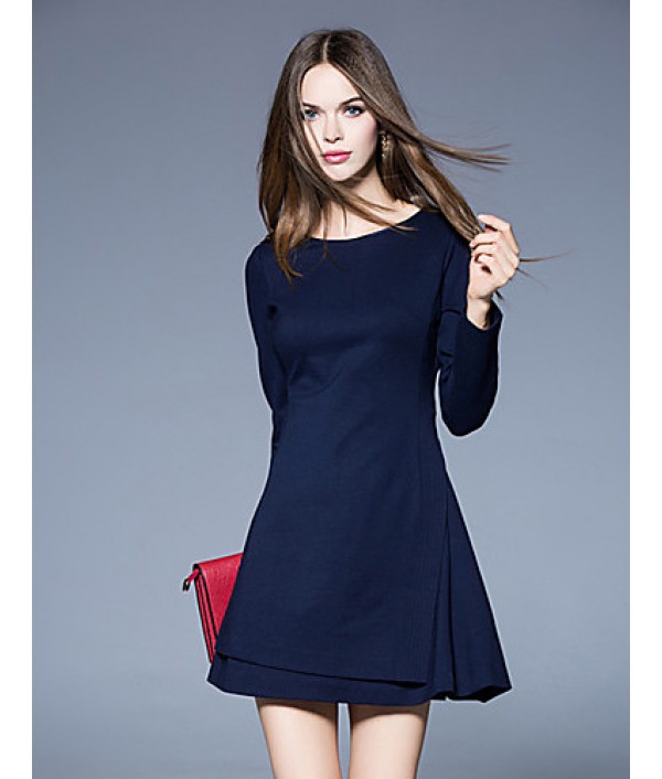 Boutique S Women's Formal Simple Sheath DressSolid Round Neck Above Knee Long Sleeve Blue Cotton / Polyester Spring