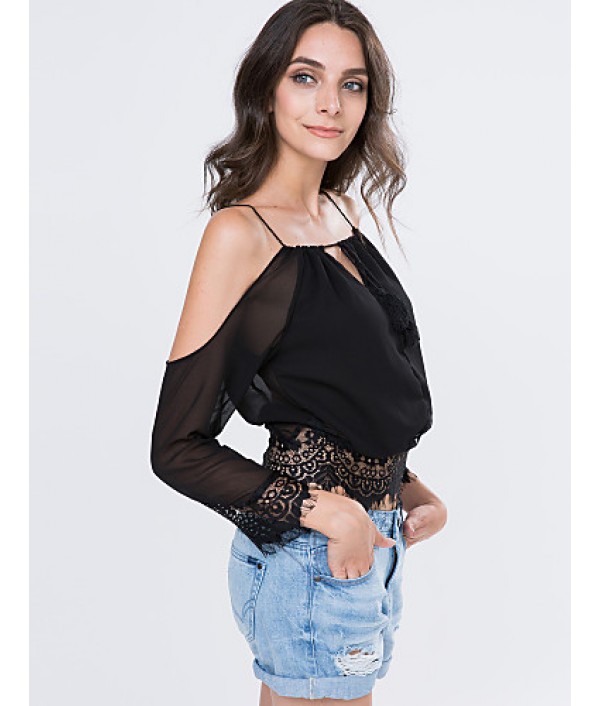 Women's Beach/Casual Lace Hem Long Sleeve Short T-shirt