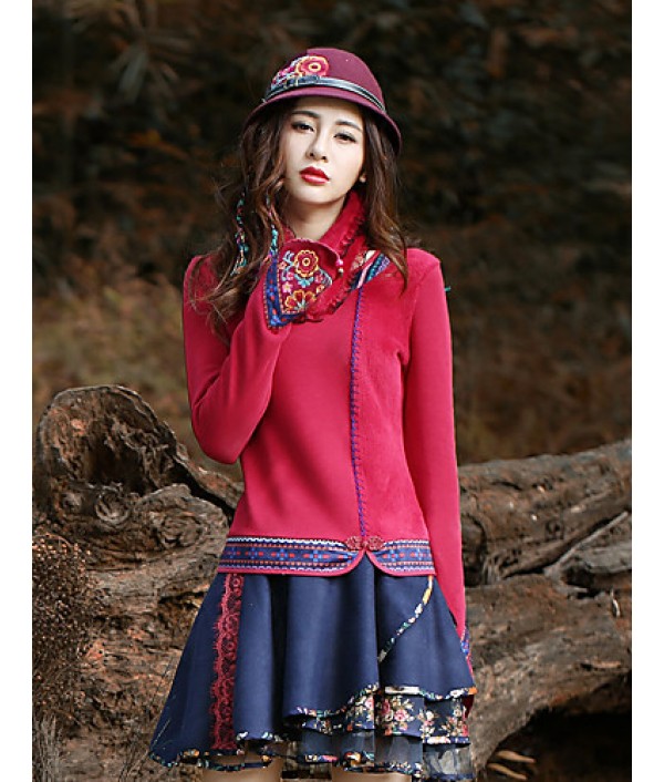 Our Story Going out Vintage Regular PulloverPaisley Red / Purple Round Neck Long Sleeve Cotton Spring