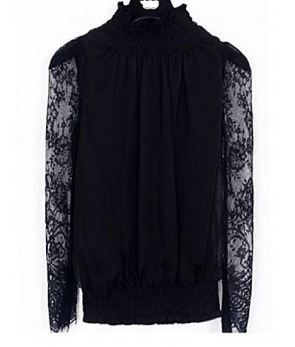 Women's Going out Sexy All Seasons Blouse,Solid Stand Long Sleeve Black Medium / Opaque