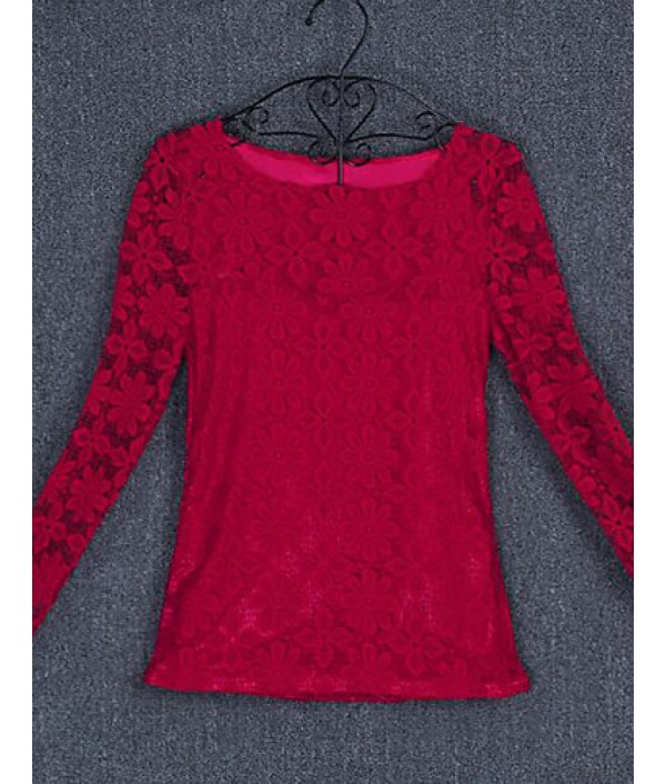 Women's Patchwork Lace Slim All Match Fashion Street chic Simple Plus Size T-shirt,Round Neck Long Sleeve