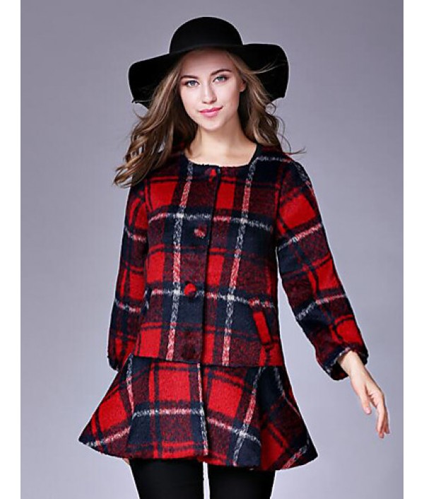 Women's Casual/Daily Street chic CoatPlaid Round Neck Long Sleeve Fall / Winter Red / Black / Green Wool Medium