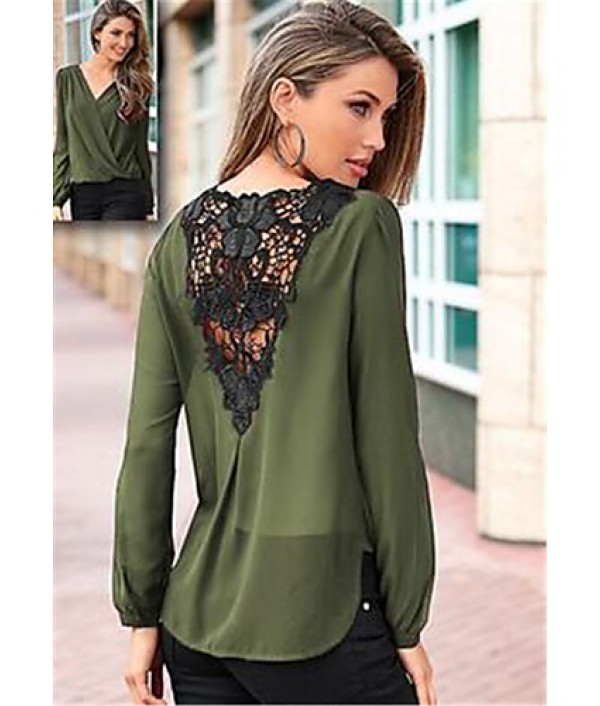 Sexy / Street chic Spring Blouse,Solid V Neck Long Sleeve Red / Black / Green / Purple Polyester Thin