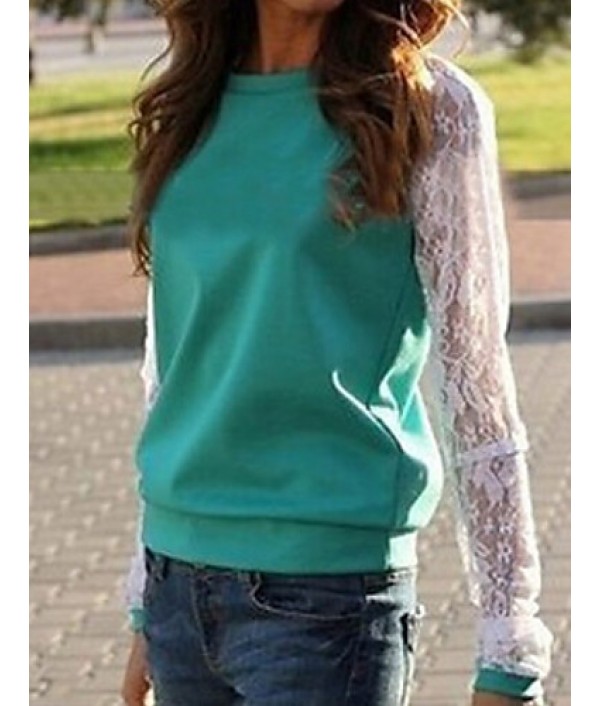 Women's Causal Loose Round Neck Long Sleeve Lace Patchwork T-shirt