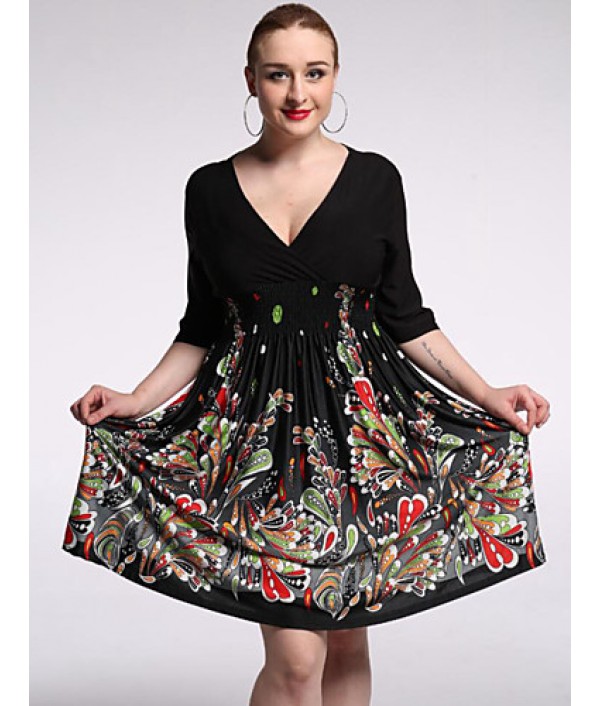 Women's Beach / Plus Size Boho Chiffon Dress,Floral V Neck Knee-length 陆 Length Sleeve Black Polyester / Spandex Summer