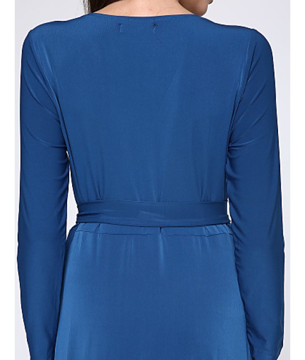 Women's Party/Cocktail Plus Size Plus Size Dress,Solid V Neck Midi Long Sleeve Blue Spandex Fall