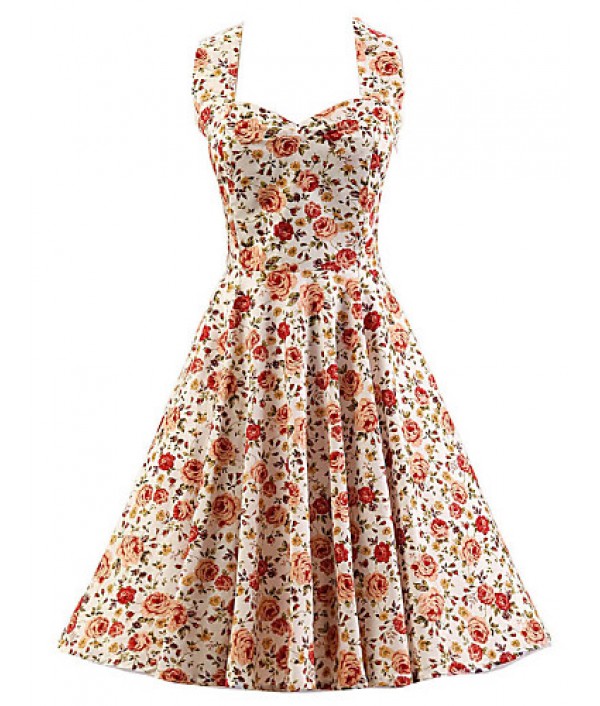 Women's White Floral Dress , Vintage Halter 50s Rockabilly Swing Dress