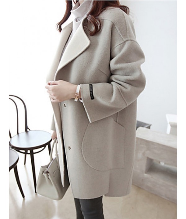 Women's Casual/Daily Simple CoatSolid Round Neck Long Sleeve Winter Gray Wool Thick