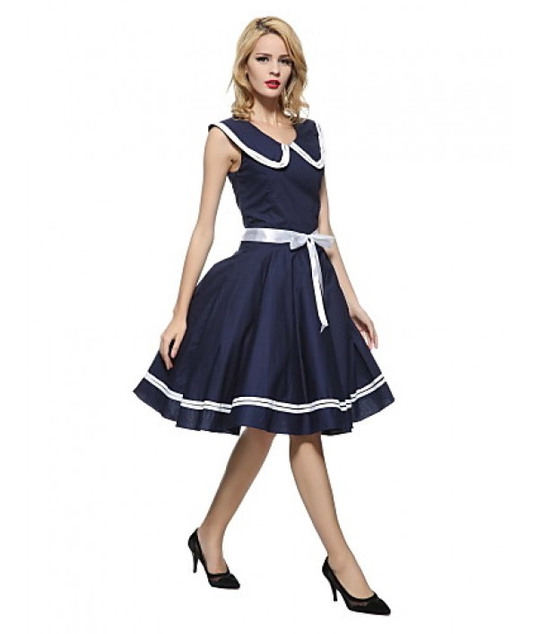 Women's 50s Vintage Nautical Sailor Rockabilly Hepburn Pinup Business Swing Dress 526