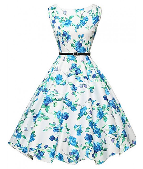 Women's Sexy / Vintage Floral A Line / Skater Dress,Round Neck Knee-length Polyester