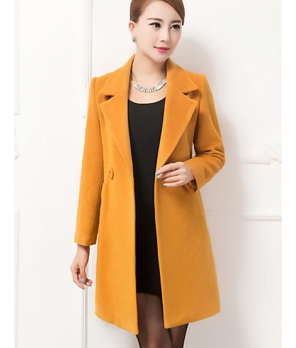 Women's Coat,Solid / Patchwork Peaked Lapel Long Sleeve Winter Blue / Black / Yellow Wool / Others Thick