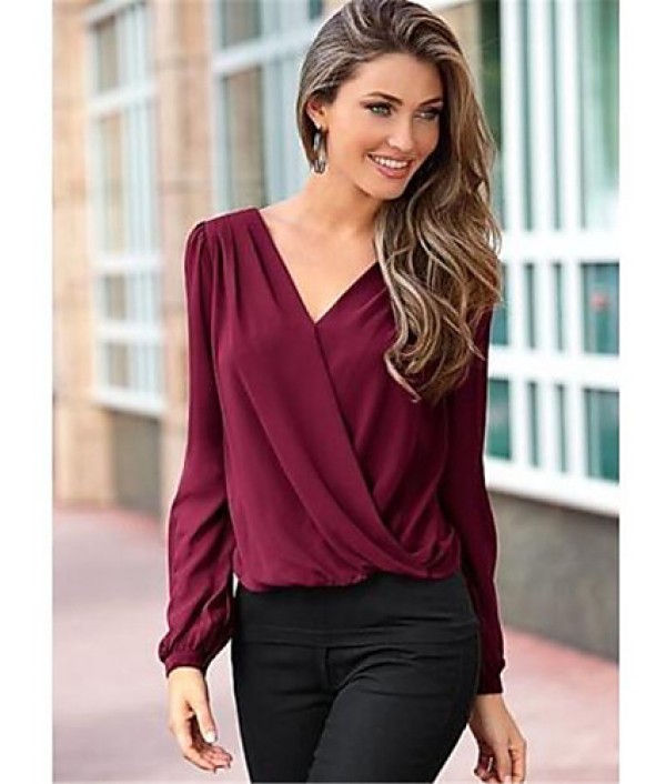 Sexy / Street chic Spring Blouse,Solid V Neck Long Sleeve Red / Black / Green / Purple Polyester Thin