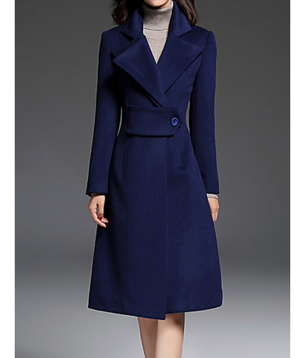 Women's Going out CoatSolid Notch Lapel Long Sleeve Fall / Winter Blue Wool / Polyester Thick