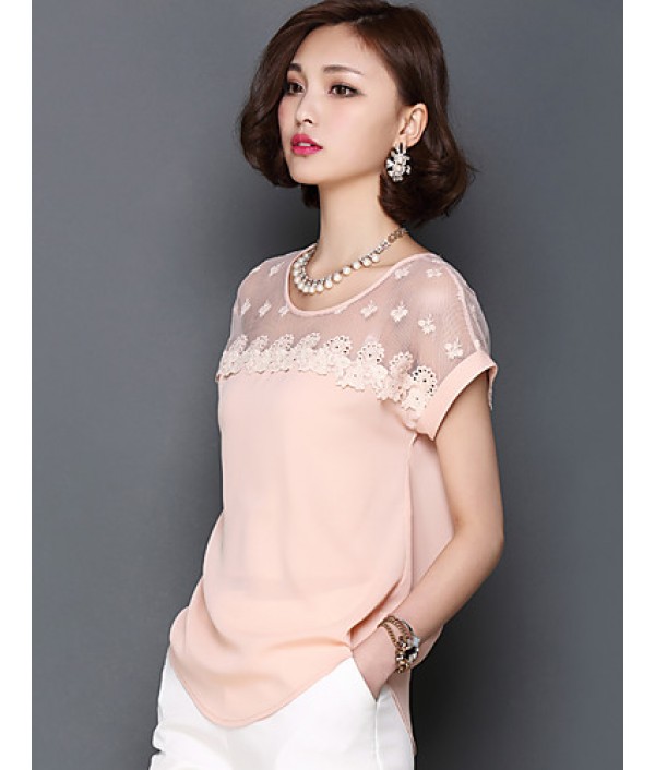 2016 Summer New Women Stitching Lace Short-Sleeved Chiffon Blouse