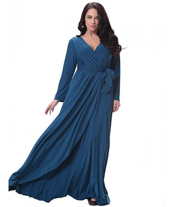 Women's Party/Cocktail Plus Size Plus Size Dress,Solid V Neck Midi Long Sleeve Blue Spandex Fall