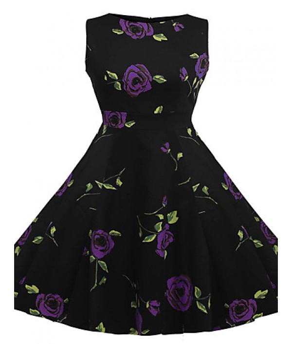 Women's Vintage / Simple / Street chic Floral Swing Dress,Round Neck Knee-length Cotton / Polyester