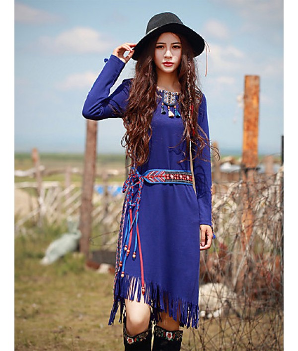 Our StoryGoing out Vintage Sheath DressPaisley Round Neck Midi Long Sleeve Blue Polyester / Spandex Spring