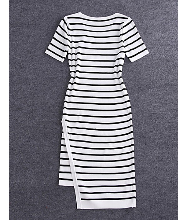 Boutique S Going out /Daily Cute Sheath DressStriped Round Neck Midi Short Sleeve White/Polyester Summer Mid Rise