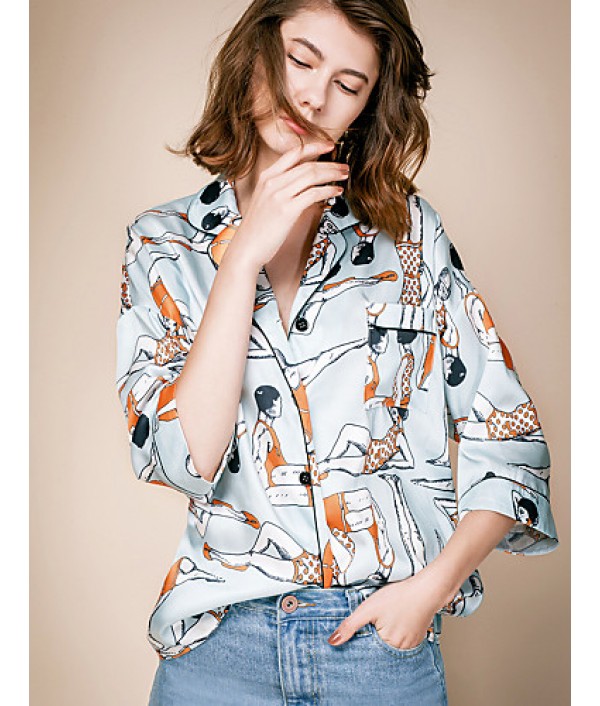 LIANGSANSHIWomen‘s Casual/Daily Street chic Summer Shirt,Print Shirt Collar ? Sleeve Blue Polyester / Others Thin