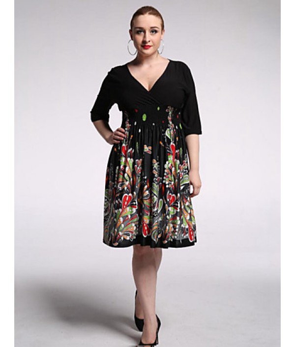 Women's Beach / Plus Size Boho Chiffon Dress,Floral V Neck Knee-length 陆 Length Sleeve Black Polyester / Spandex Summer