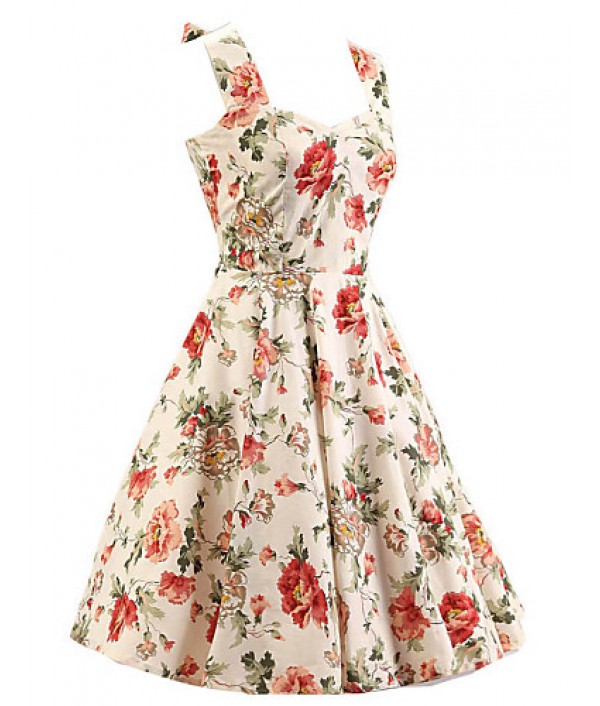 Women's Cream Floral Dress , Vintage Halter 50s Rockabilly Swing Dress