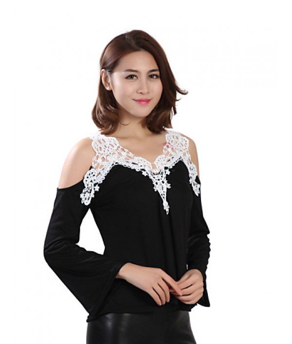 Women's Patchwork Lace Strap Off-The-Shoulder All Match Loose Casual V Neck Long Sleeve Plus Size T-shirt