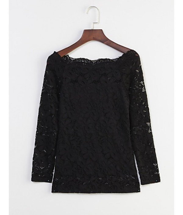 Women's Vogue Lace Bateau Long Sleeve Hollow Out Lace T-shirt