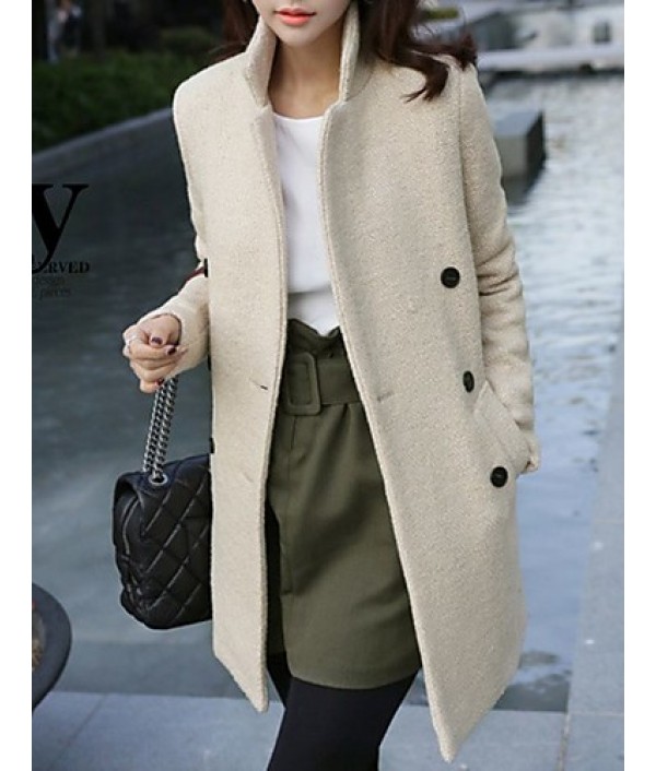 Women's Casual/Daily Simple Coat,Solid Notch Lapel Long Sleeve Fall Beige Wool Medium