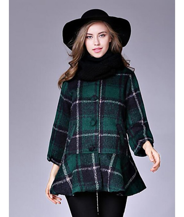 Women's Casual/Daily Street chic CoatPlaid Round Neck Long Sleeve Fall / Winter Red / Black / Green Wool Medium