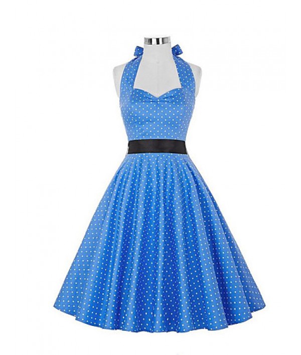 Women's Going out Vintage A Line Dress,Polka Dot Halter Knee-length Sleeveless Blue / Black Polyester Summer