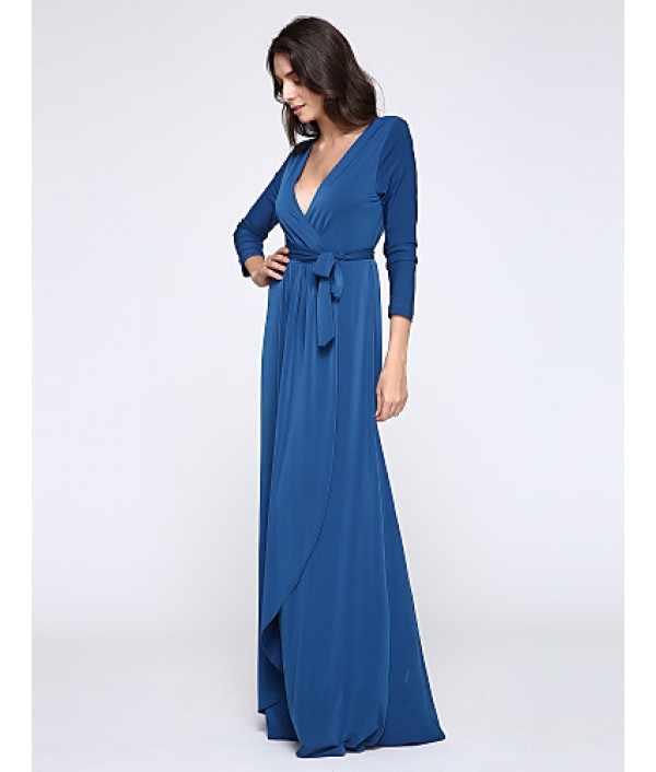 Women's Party/Cocktail Plus Size Plus Size Dress,Solid V Neck Midi Long Sleeve Blue Spandex Fall