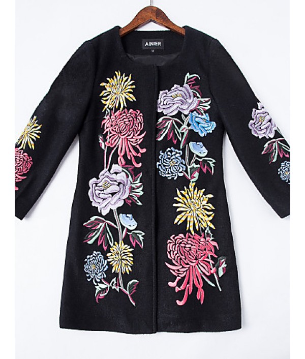 Boutique SWomen's Plus Size / Going out Chinoiserie Coat,Solid / Embroidered Round Neck Long Sleeve