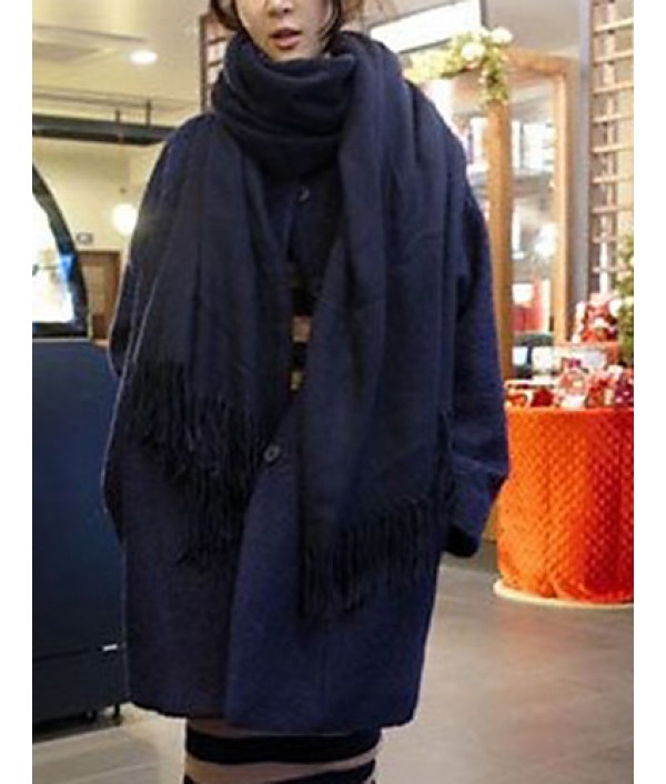 Women's Casual/Daily Simple Coat,Solid Round Neck Long Sleeve Fall / Winter Blue / White Wool Thick