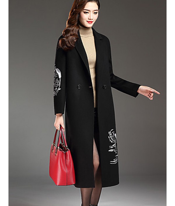 Women's Plus Size Street chic CoatPrint Notch Lapel Long Sleeve Fall / Winter Red / Black / Gray Wool / Polyester Thick