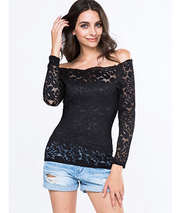 Women's Vogue Lace Bateau Long Sleeve Hollow Out Lace T-shirt