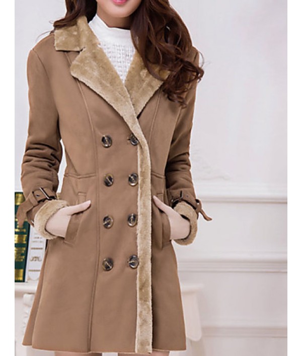 Women's Plus Size Simple Fur Coat,Solid Shirt Collar Long Sleeve Winter Brown Wool Thick