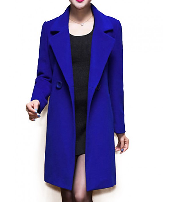 Women's Coat,Solid / Patchwork Peaked Lapel Long Sleeve Winter Blue / Black / Yellow Wool / Others Thick