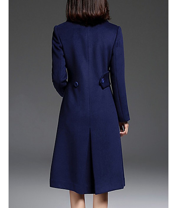 Women's Going out CoatSolid Notch Lapel Long Sleeve Fall / Winter Blue Wool / Polyester Thick