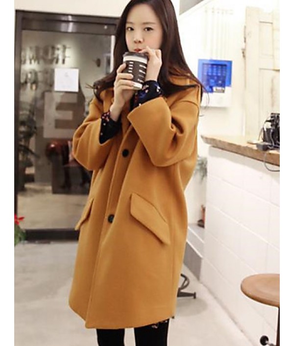 Women's Casual/Daily Simple Coat,Solid Shirt Collar Long Sleeve Winter Blue / Pink / Yellow Wool Thick