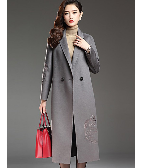 Women's Plus Size Street chic CoatPrint Notch Lapel Long Sleeve Fall / Winter Red / Black / Gray Wool / Polyester Thick