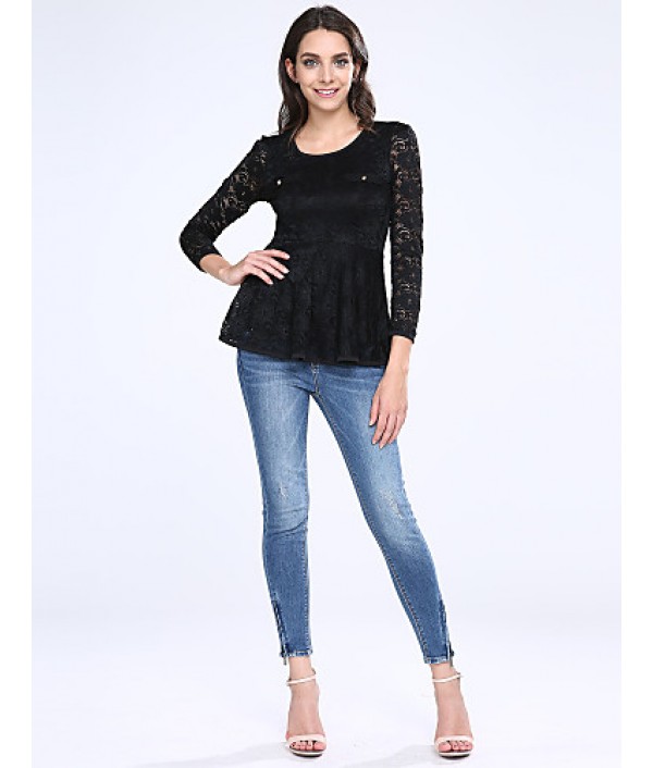 Women's Lace Pink/White/Black Blouse, U Neck Long Sleeve with Peplum