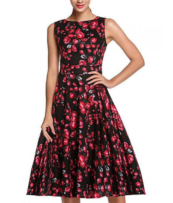 Women's Vintage / Simple / Street chic Floral Swing Dress,Round Neck Knee-length Cotton / Polyester