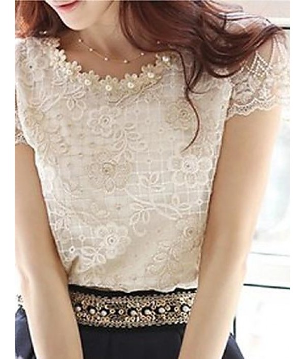 Women's Cute Beaded Neck Embroidered Lace and Mesh Top