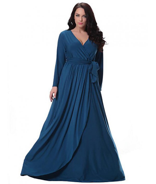 Women's Party/Cocktail Plus Size Plus Size Dress,Solid V Neck Midi Long Sleeve Blue Spandex Fall