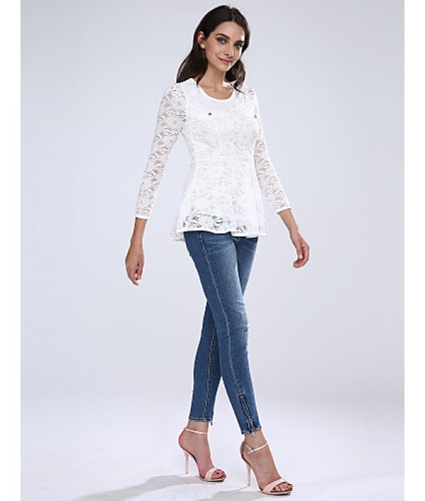 Women's Lace Pink/White/Black Blouse, U Neck Long Sleeve with Peplum