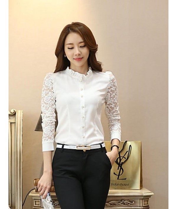  Women's Solid White Shirt,Shirt Collar Long Sleeve