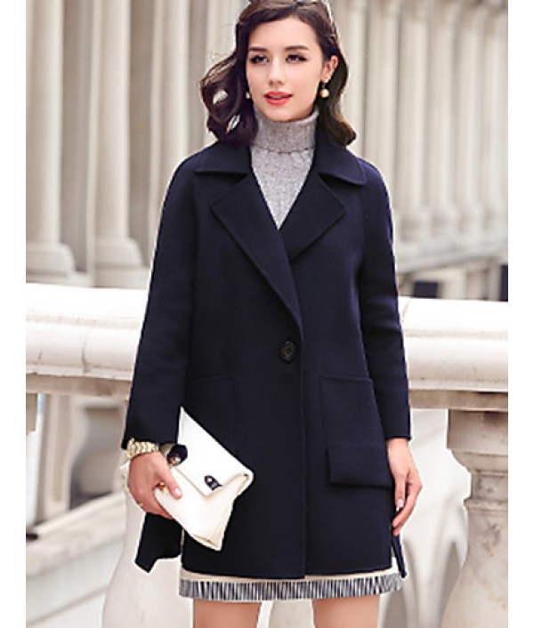 Women's Going out Street chic CoatSolid Notch Lapel Long Sleeve Fall / Winter Blue / Yellow Wool / Polyester Thick