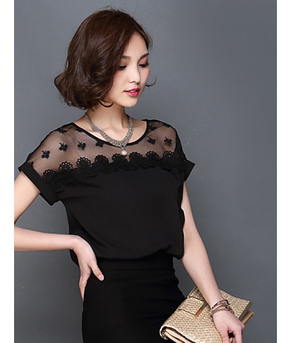 2016 Summer New Women Stitching Lace Short-Sleeved Chiffon Blouse