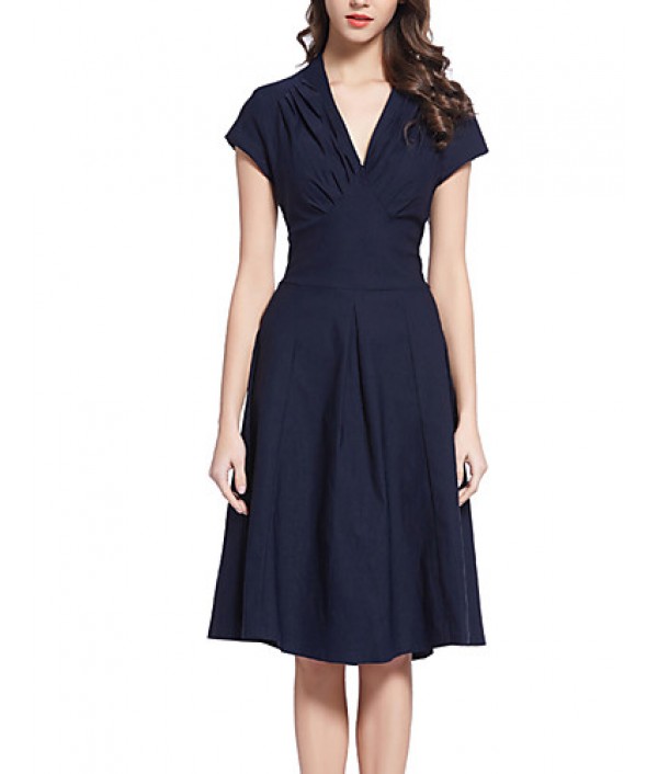 Women's Going out Vintage / Simple / Street chic Swing Dress,Solid Deep V Knee-length Short Sleeve