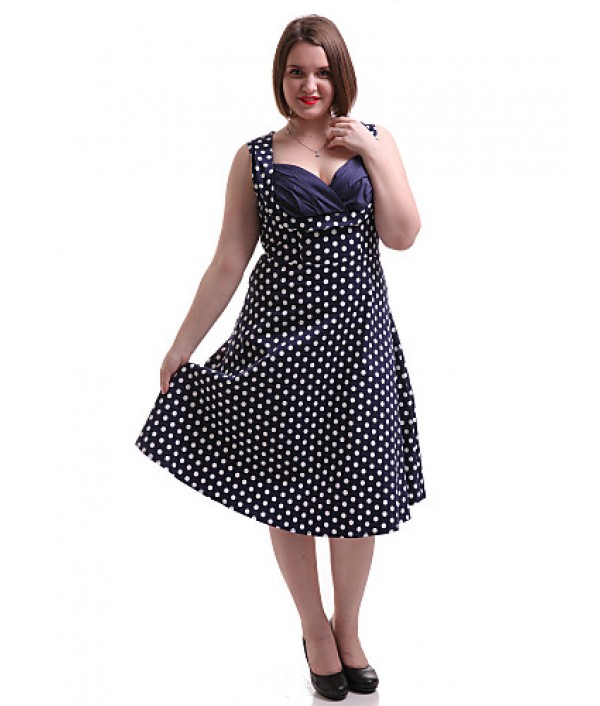 Women's Going out / Casual/Daily / Plus Size Vintage A Line Dress,Polka Dot Sweetheart Knee-length Sleeveless Blue / Red Cotton / Spandex